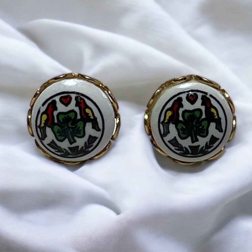 Vintage Rare Porcelain Hand Painted Irish Keltic Stud Earrings
